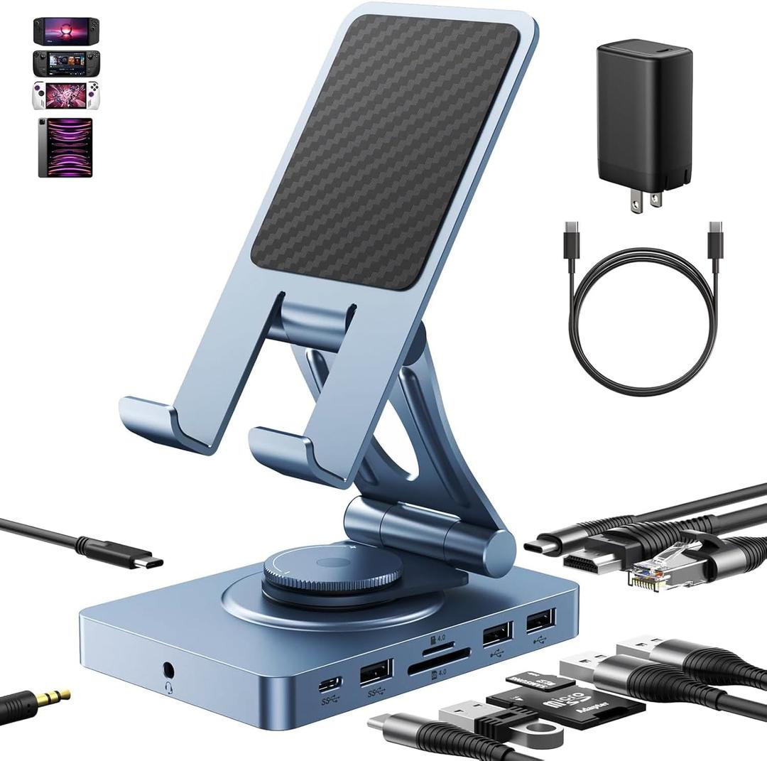 360° Rotating USB C Docking Station for iPad Pro, Tablet, Samsung, Steam Deck, ROG Ally, Legion Go, Msi Claw, etc, 11-in-1 with SD TF 4.0 Reader, 4K@60Hz HDMI, RJ45, Audio, USB A, USB C