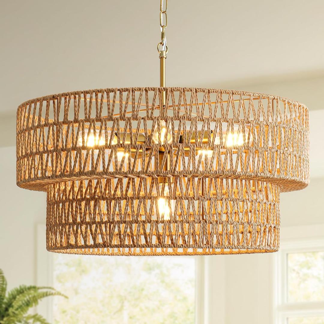 23.6" Boho Rattan Chandelier, 6-Light Large Rattan Pendant Light with 2-Tier Wicker Shade, Bohemian Farmhouse Ceiling Light Fixture Chandelier for Dining Room, Living Room, Bedroom, Kitchen Island, 23.6" V-shaped weaving