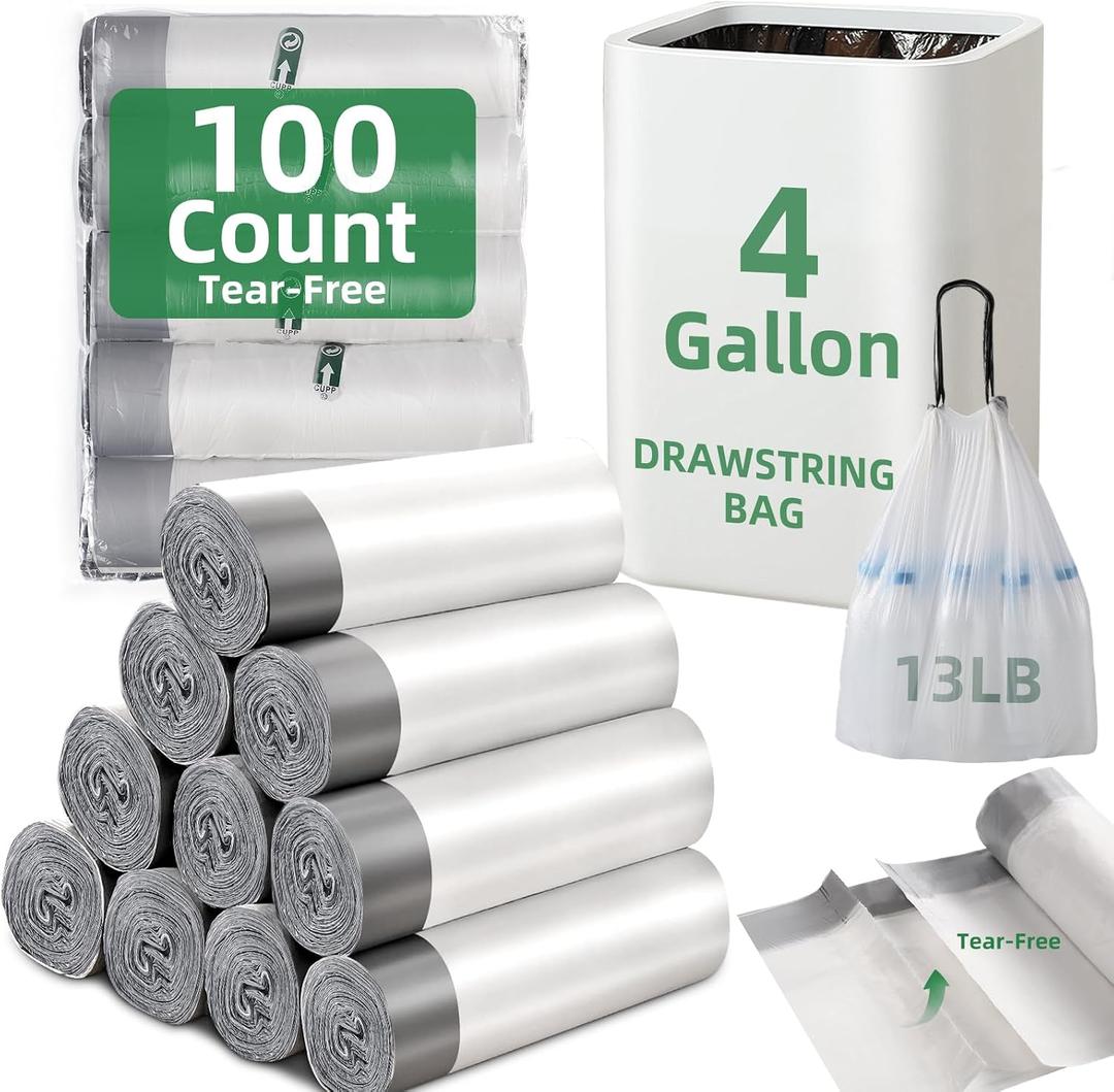 100 Counts 4 Gallon Trash Bag Drawstring Small Trash Bags, Thick Pre-separated Garbage Bags, Trash Bin Liners, Suitable for bathroom, kitchen, bedroom, office (White)