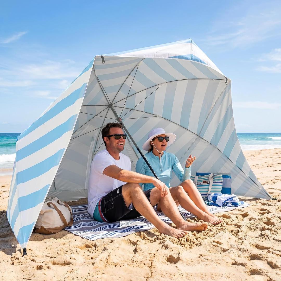 UPWELL Beach Tent Easy Set Up Canopy Sun Shelter Shade with UPF 50+UV Protection Portable Beach Umbrella Outdoor Sunwall with Sand Pockets for Fishing Backyard Camping (Sea Salt Stripe)