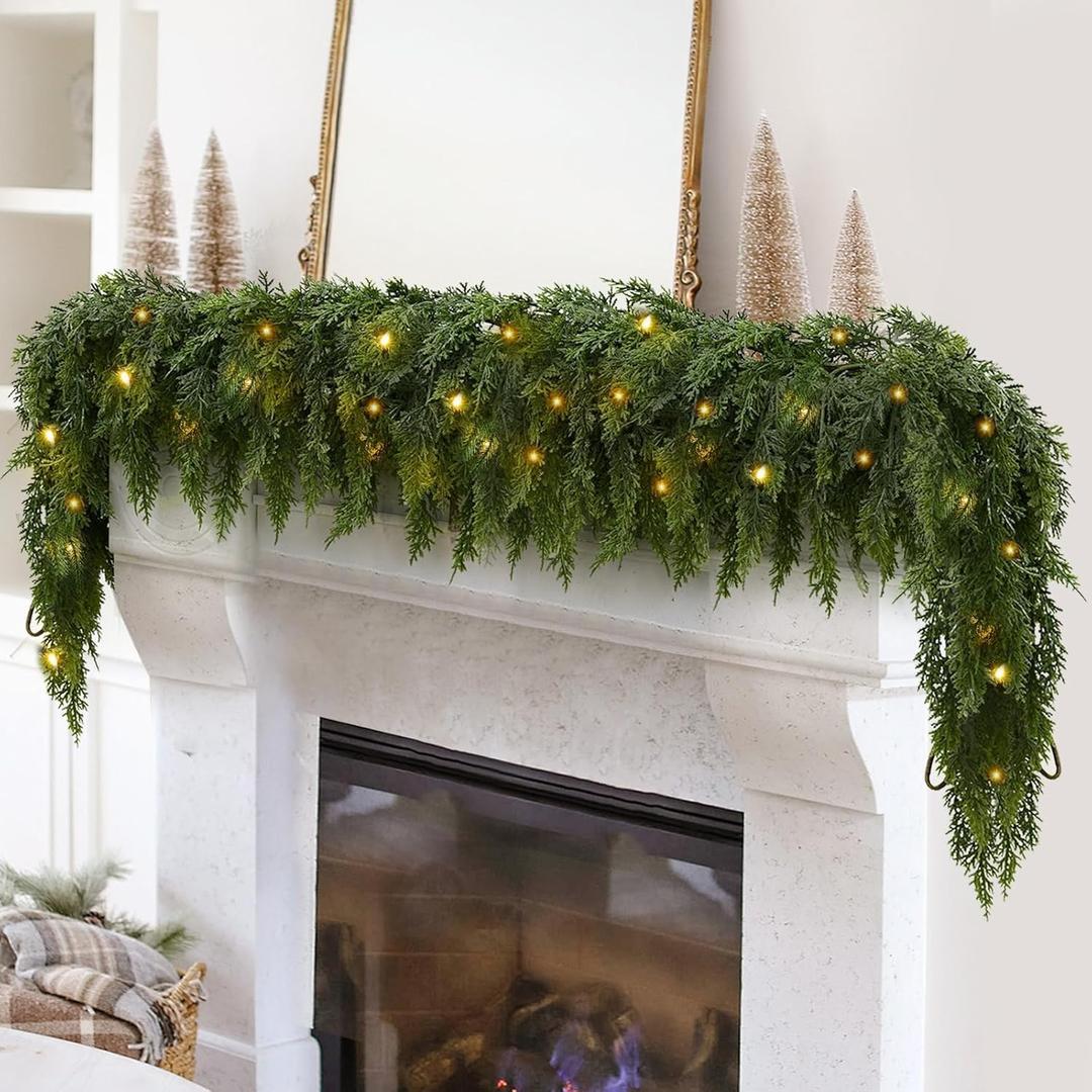 Pre-Lit Thickened Upgraded Realistic Artificial Cedar Garland - Thick Lush Full Faux Greenery Christmas Garland with Lights for Fireplace Mantle, Indoor Outdoor Holiday Home Party Decorations