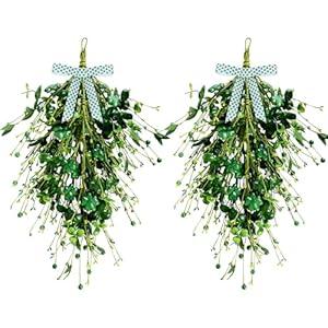 2 Pack 24'' St. Patrick's Day Wreaths St. Patrick's Day Teardrop Swag Artificial Green Shamrock Clover Berries Hanger with Ribbon Farmhouse Hanging Decor for Outdoor Window Wall (2, St. Patrick's Day)