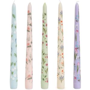 Sungmor Pretty Floral Taper Candlesticks, Beautiful 5-Color Decal Craft, 10" Long Decorative Candle, Scented & Colored Tall Candlestick, Long Burning & Smokeless Tapered Holiday Party Celebrate Candle (Flower Set - 5 Pack)