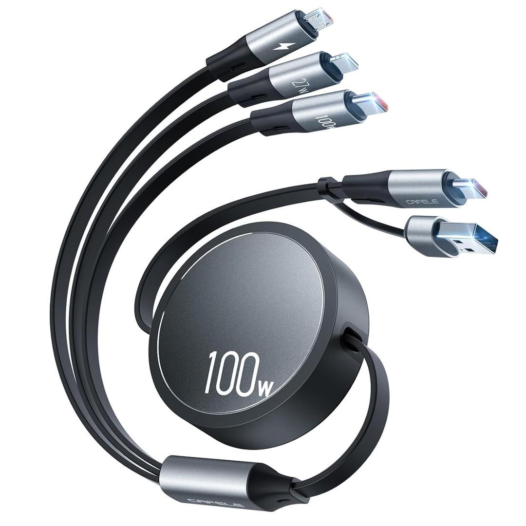 CAFELE 100W Multi Charging Cable, 6-in-1 Retractable USB C/A Cable, 5A Fast Charger Cord for Multiple Devices with Type C/L/Micro Ports for Phone 17 16 15 14 Pro Max, S24/S23, MBook, Pad (3.6ft) (Grey)