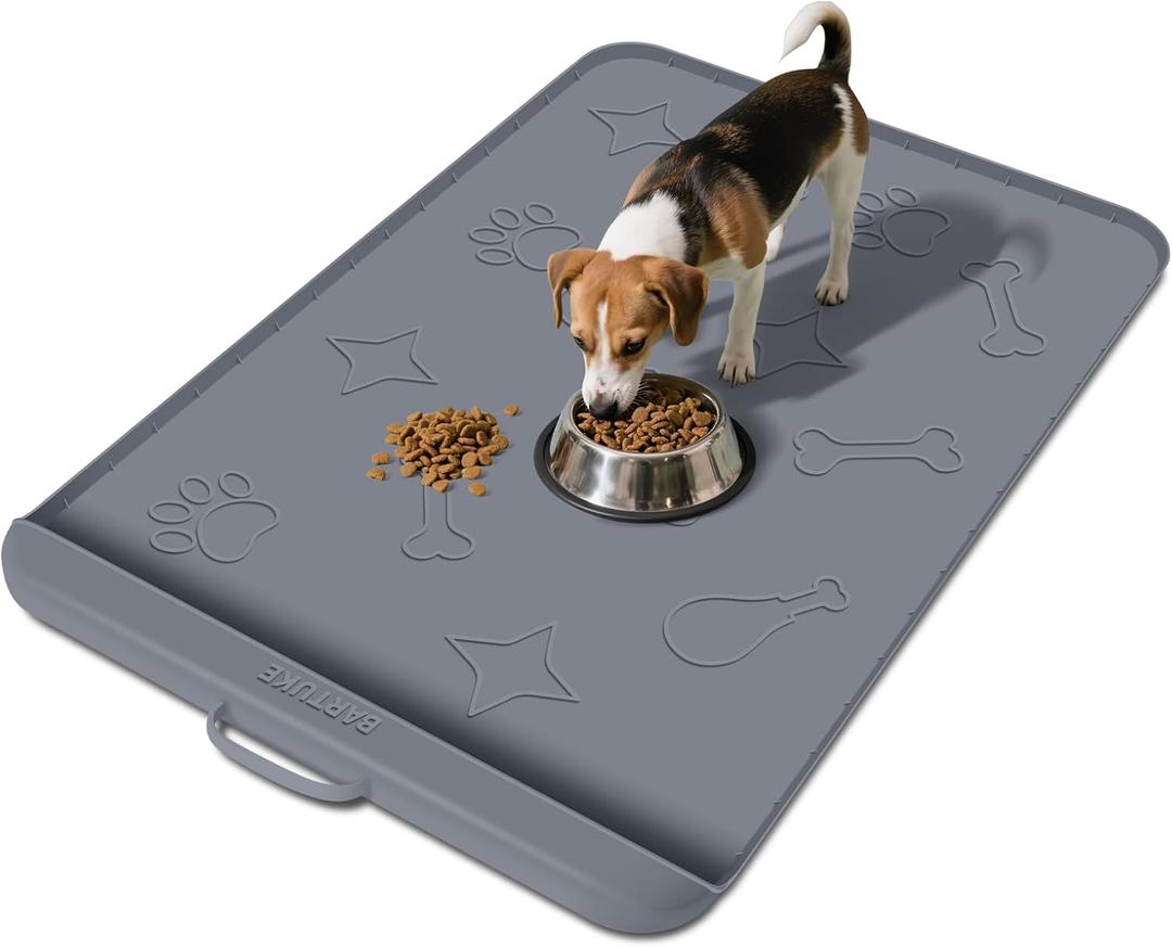 Dog Food Mat with Collection Pocket, 42''x28'' Extra Large Silicone Pet Feeding Mat for Food and Water, Waterproof Anti-Slip Dog Mat with Edge and Handle, Pet Placement for Floor (Dark Grey)