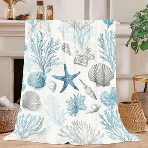 Nautical Coastal Blanket Ocean Starfish Beach Decor Cozy Throw Super Soft Plush Flannel Fleece Blanket Gift for Kids Adults Men Women Ultra Warm & Lightweight Flannel, 50"X40"