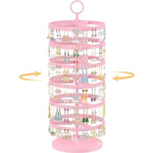 EsLuker.ly Earring Holder Organizer Rotating Stud Display Tree Rack with 342 U-Slots for Women Girls, Large Adjustable 6 Tier Plastic Storage Stand with Metal Tray for Pierced Hoop Post Earring, Pink