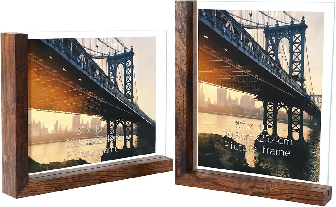 Lavezee 8x10 Picture Frames Set of 2, Rustic L Shaped Double Sided Frame for 8 by 10 Photo, Made of Brown Base and HD Tempered Glass Covers for Table Top Display