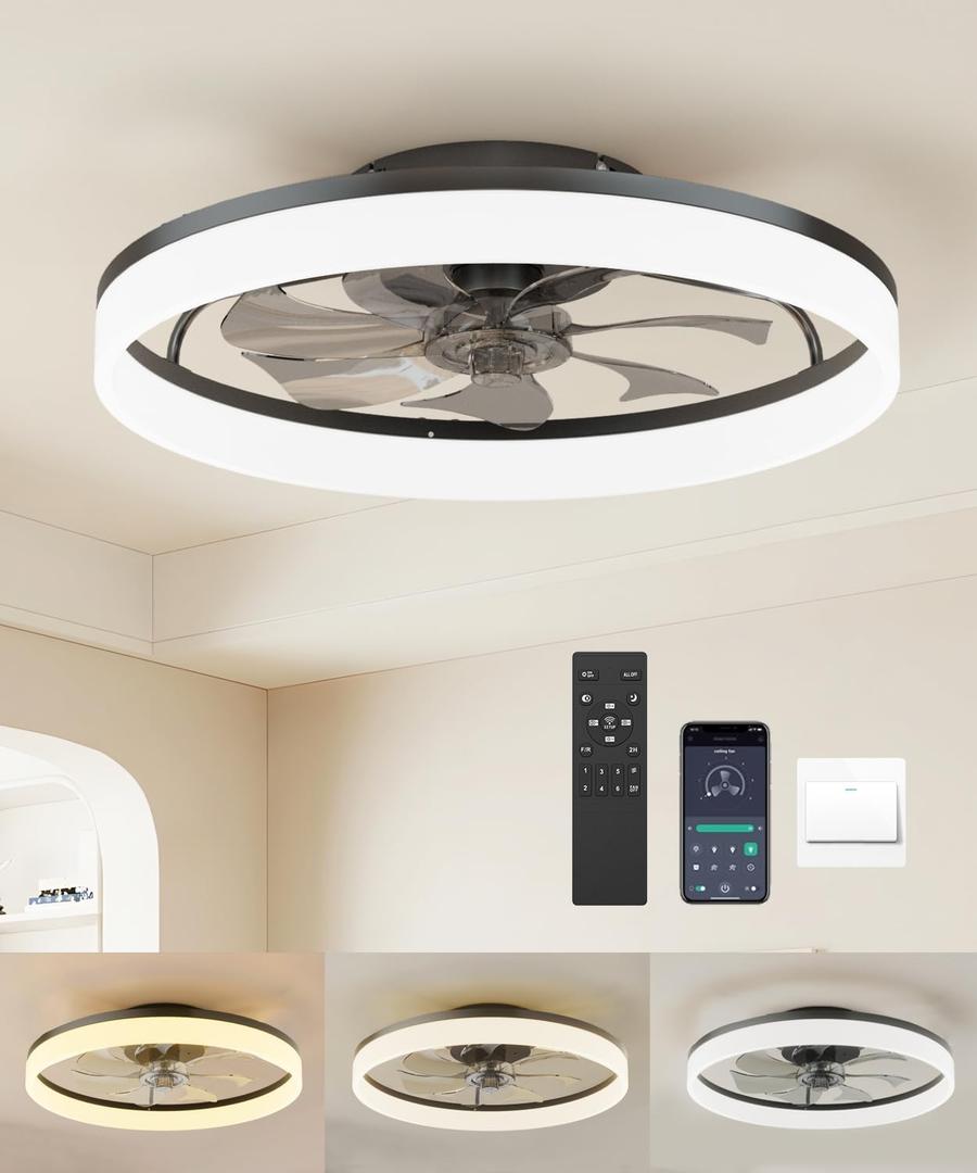 20 Inch Ceiling Fan with Lights, Modern Low Profile Ceiling Fan