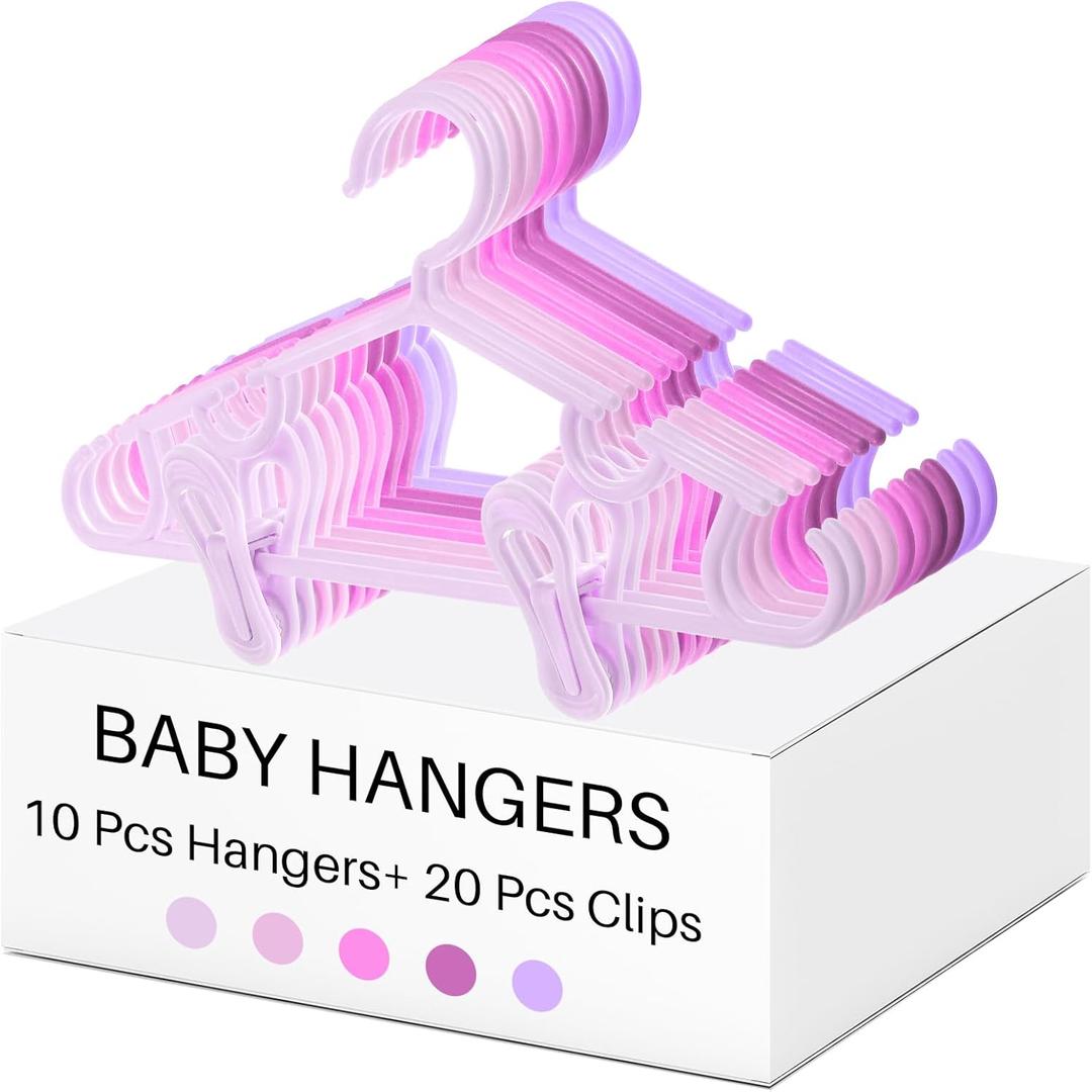 Hsei 5/10/40 Pack Baby Hangers with 10/20/80 Clips, Plastic Kids Pants Hangers for Nursery Closet Top and Bottom Clothes Hanger Set for Newborn Infant Toddler(30 Packs Total, Pink Series, 10.6 Inch)