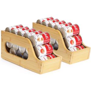 2 Pack Bamboo Can Organizer for Pantry, Soda Can Dispenser Rack Drink Holders Stackable Canned Goods Storage for Pantry Kitchen Cabinet Up To 30 Cans