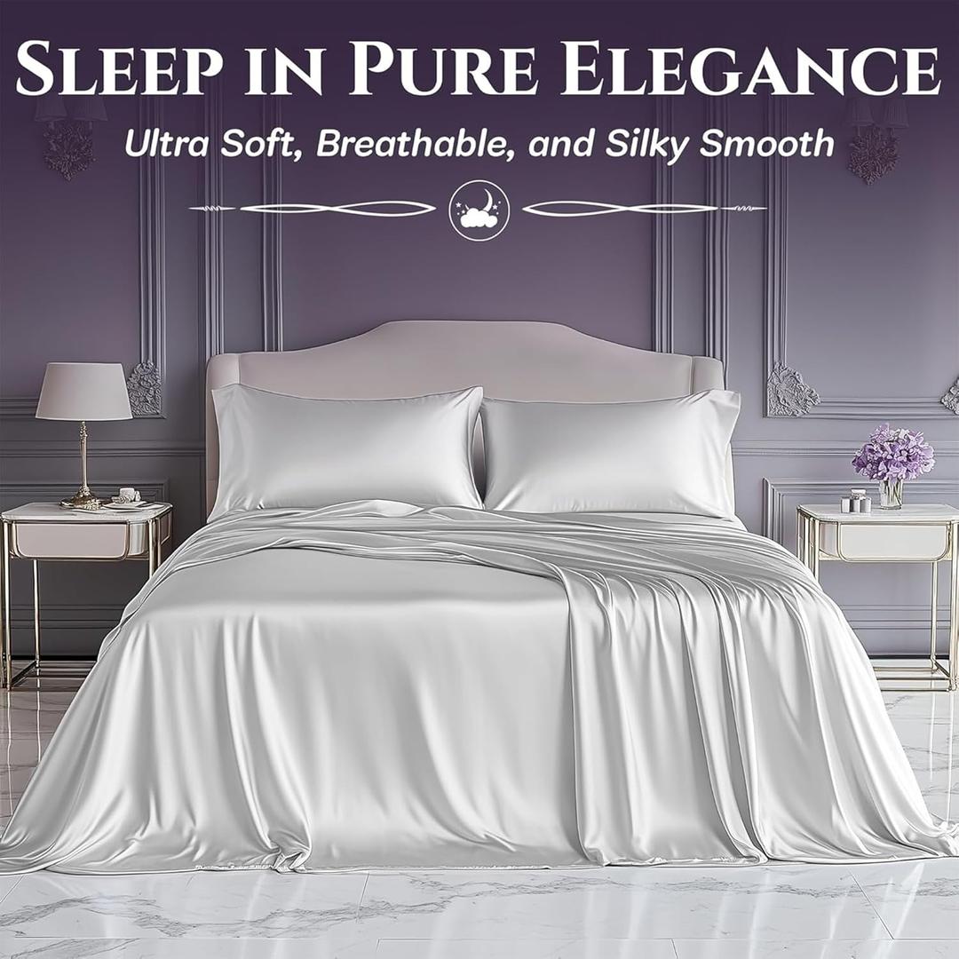 SLEEP SANCTUARY Satin Sheets King Size – 4 Piece Luxury Silky Bed Set, Softer Than Silk, 15" Deep Pocket, Cooling & WrinkleFree, MoistureWicking & Breathable for Hair & Skin (White)