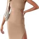 Valiamcep Women's 2023 Summer Sleeveless Midi Dress Crew Neck Waist Cut Out Split Slit Tank Dress Ribbed Bodycon Dress (Beige, S)