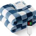 Electric Heated Sherpa Buffalo Plaid Christmas Throw Blanket with 8 Heating Levels & 8 Hours Auto Off, Fast Heating Warm Plush Washable Blanket with Over-Heat Protection, ETL Certification, Blue