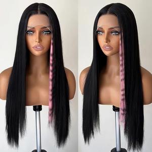 FABÉLLE Pink Print Wig Lace Front Wigs Glueless Wig Leopard Print Straight Wigs for Women Pre Plucked with Baby Hair 26 Inch Pink Color Forehead Synthetic Lace Front Wig