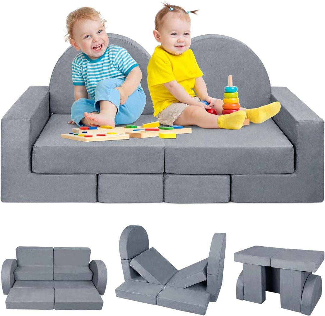 7PCS Kids Play Couch, 2025 Premium Modular Kids Play Couch for Toddler Child, Kid Foam Sofa for Bedroom Playroom Toyroom, Prefect Gift for Creative Girls & Boys (Grey)