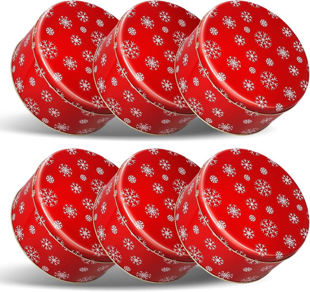 6 Pcs 7'' Christmas Cookie Tins with Lids Metal Round Cookie Containers Holiday Storage Box for Baking Chocolate Snack Storage Gift Giving