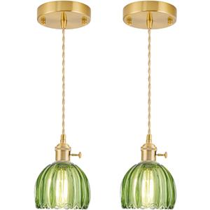 Mini Pendant Lights Kitchen Island 2 Pack, Small Adjustable Pendant Light Fixture with Green Tulip Glass Lampshade, Vintage Gold Pendant Lighting, Pendant Light for Bedroom Dining Room Hallway