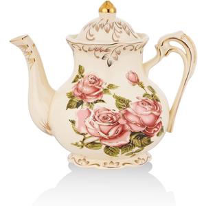 Ceramic Tea Pot, 25 OZ/3 Cup Small Ivory Rose Vintage Floral Porcelain Teapot with Gold Trim, European Style, Gift for Women, Decorative Ideas (Pink Rose)