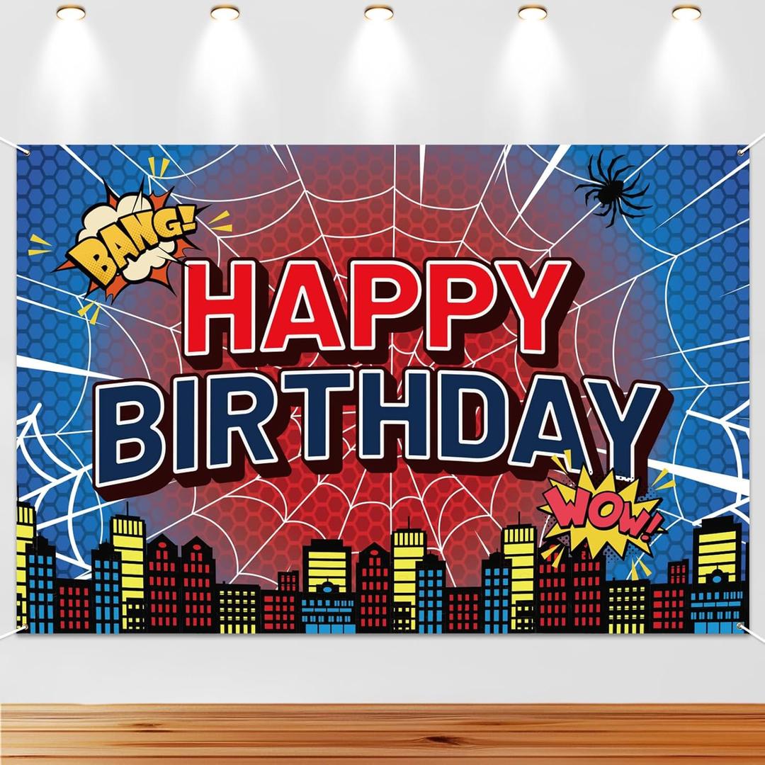 Spider Web Happy Birthday Backdrop, 180x120cm/71x47in Pre-Punched Polyester Banner for Kids Birthday Baby Shower & Party Decorations (Red, Blue)