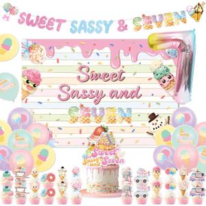 44Pcs Sweet Sassy and Seven Birthday Party Decorations Include Happy Birthday Banner-Cake Topper-Cupcake Toppers-Balloons-Backdrop for Sweet Sassy and Seven Party Supplies