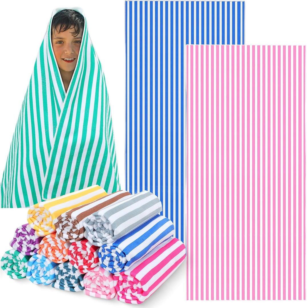 Mindsoft 12 Pack Microfiber Beach Towel Bulk Pool Towel 27.5 x 59'' Large Striped Highly Absorbent Quick Dry Soft Swim Travel Towel Bath Towel Set Cute Summer Pool Party Favor for Kid Adult, 12 Colors
