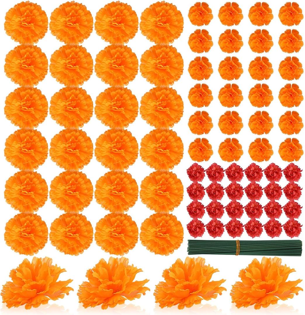 72 Pcs Marigold Flower Heads Bulk Day of The Dead Multicolor 1.2'' 2'' 3.5'' Silk Mexican Marigold Flowers with Stems DIY Garland Craft Supplies for Party Home Decor (Red Orange)