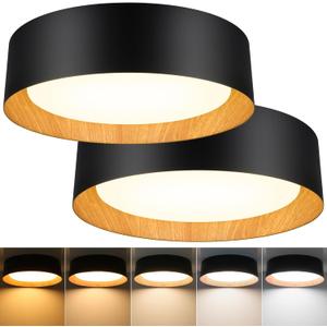 Flush Mount Ceiling Light, 13in Modern Ceiling Light 5 Color Temperature
Bathroom Ceiling Light Fixture, 2600LM Dimmable LED Flush Mount Light for Bedroom, Hallway, Kitchen, Black & Wood, 2-Pack