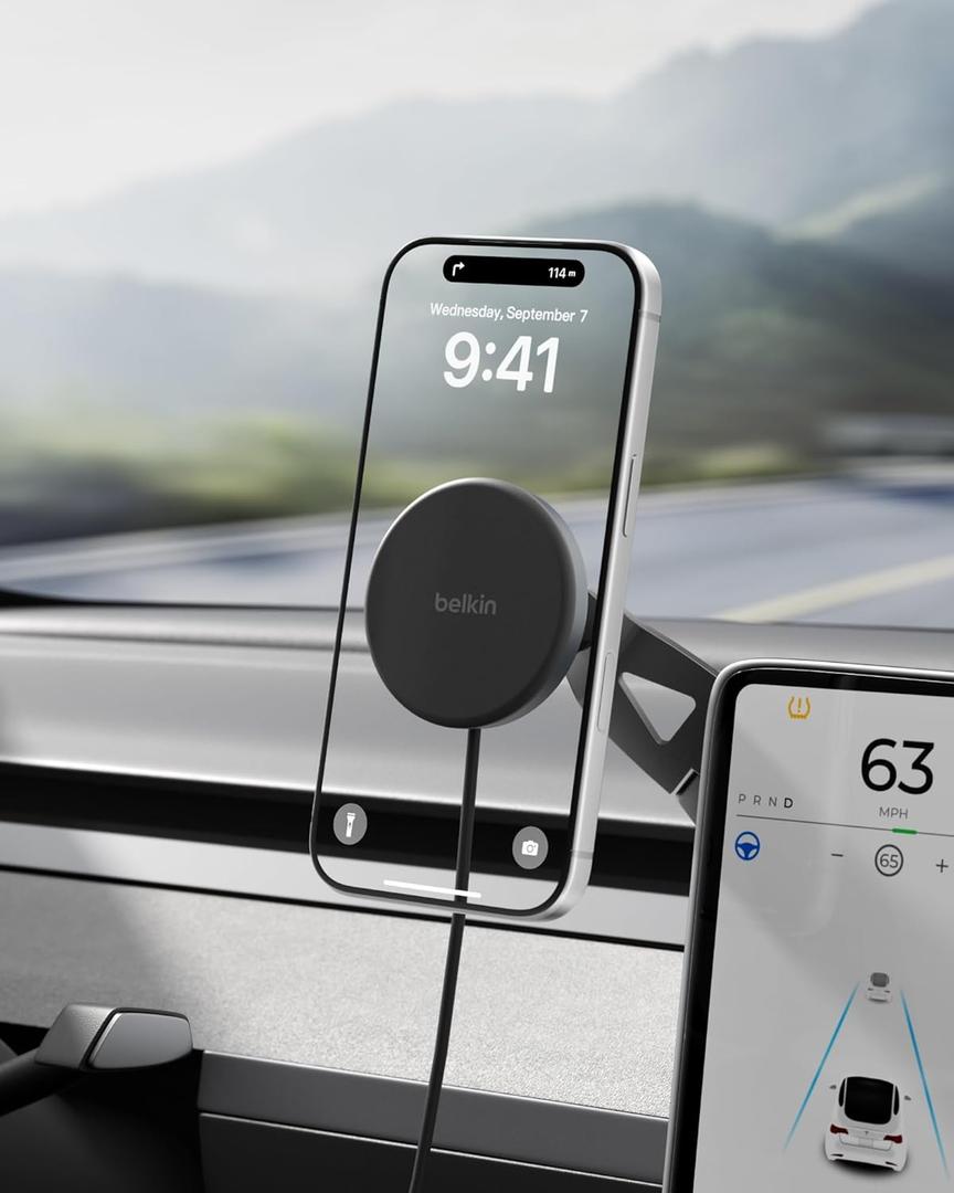 Belkin Tesla Phone Mount, Magnetic Wireless Car Mount for EV (Strong Magnet) w/ 3.3ft USB C Cable, Qi2 MagSafe Compatible Fast Charging for iPhone 17/16/15, Model 3, Model Y, etc. - Tesla Accessories