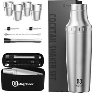 Hybrid Cocktail Shaker Set with Stackable Cups | Vacuum Insulated Stainless Steel Martini Shaker & Bartender Tools | Travel-Ready Kit | 30oz | Silver