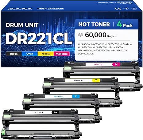 DR221CL Drum Unit (Not Toner) 4-Pack Compatible Brother DR-221CL Imaging Drum for MFC-9130CW HL-3170CDW MFC-9340CDW HL-3140CW 3150CW MFC-9330CDW 9140CDN DCP-9020CDN Printer Black Cyan Yellow Magenta