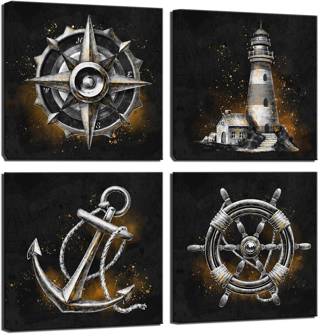LevvArts Nautical Wall Art Canvas Lighthouse Anchor Compass Paintings Poster Modern Black and Gold Decor Pictures Ready to Hang
