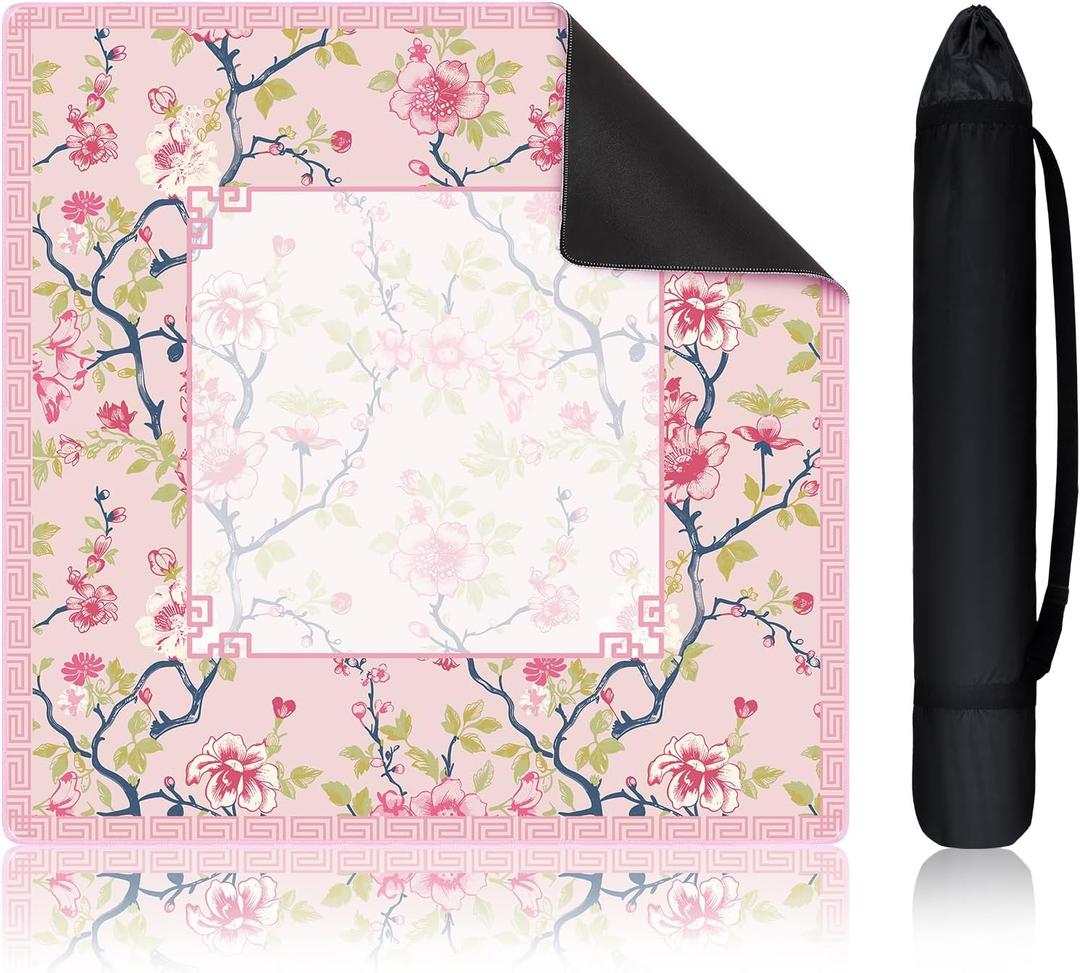 22 Inch Mini Chinoiserie Mahjong Mat for Travel Set White Floral Mahjong Mat Cute Small Domino Accessories Gifts Domino and Tile Game Table(Pink and Green)