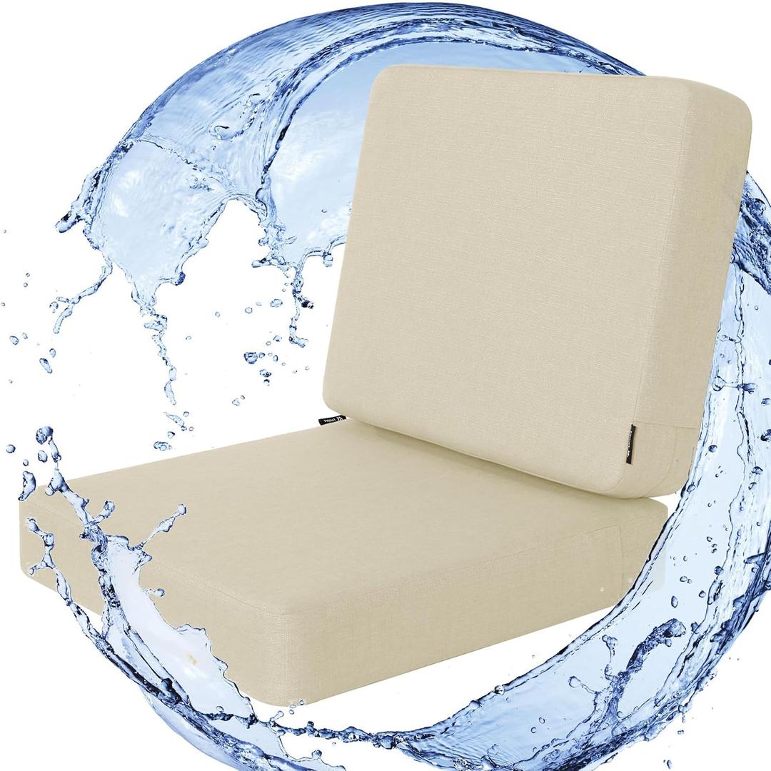 Favoyard Outdoor Deep Seat Cushion Set, 22 x 22 Inch Rainproof & 3-Year Fade Resistant Patio Furniture Cushions, Removable Seat Bottom & Back Cushion Covers with Ties for Chair, Sofa, Couch, Beige