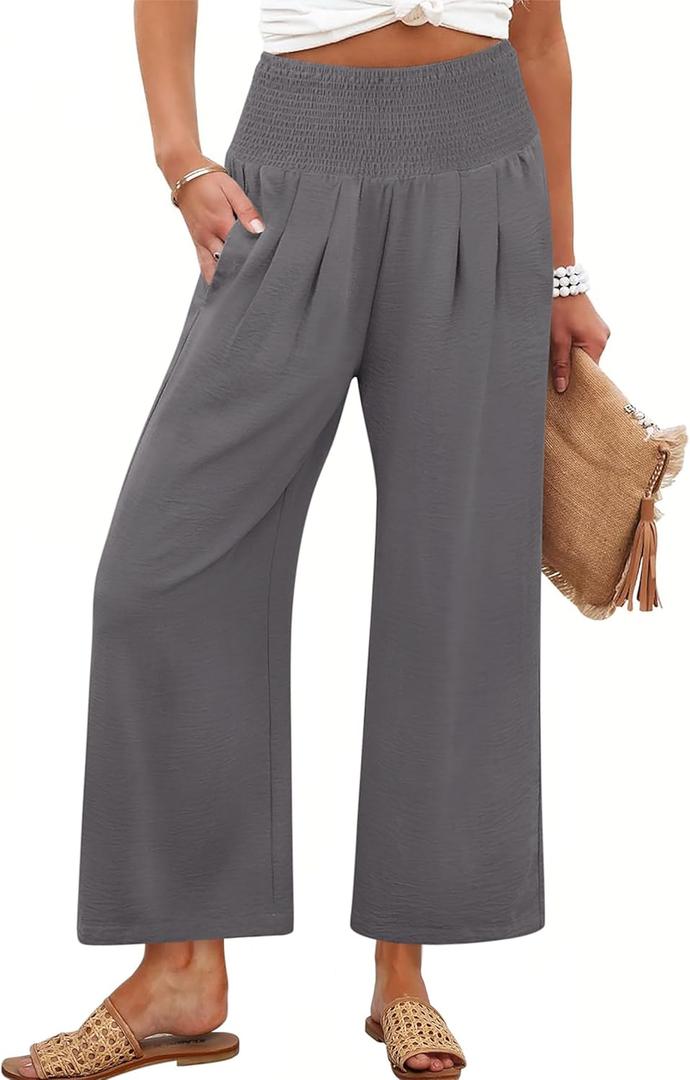 ANRABESS Womens Pants Wide Leg High Waisted Palazzo Pants Summer Flowy Beach Lounge Casual Trousers with Pockets (Large, Grey)