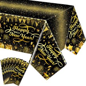 VitalCozy 6 Pcs Happy New Year Tablecloths 2026 New Year's Eve Party Supplies 54 x 108'' Black Gold Plastic Disposable Table Covers for Party Decorations (Balloon Gift Pattern)