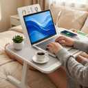 USB-C LED Light Foldable Lap Desk with LED Lamp, Cooling Fan & Book Stand — Portable Bed Laptop Table with Side Drawer, Phone & Tablet Holder, Fast Charging Port