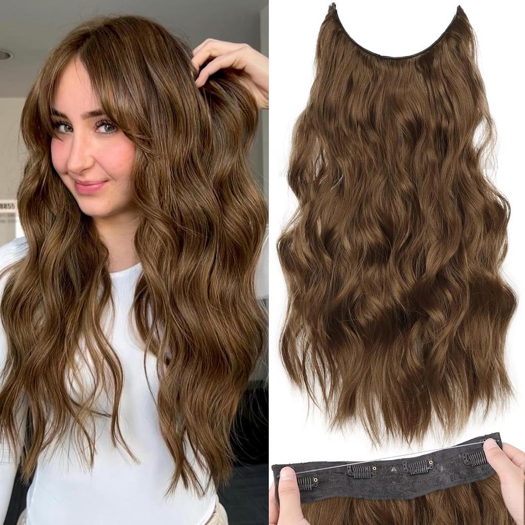KooKaStyle Invisible Wire Hair Extensions with Transparent Wire Headband Adjustable Size 4 Secure Clips Long Wavy Hairpiece 20 Inch COCOA# for Women