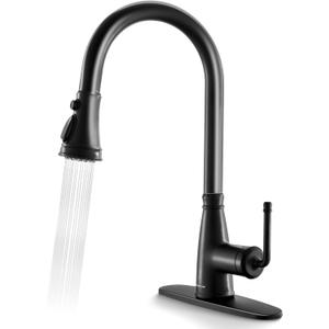 Kitchen Faucet with Pull Down Sprayer, 17 inch Matte Black Antique Single Handle Pull Out Kitchen Sink Faucet with Deck Plate for Classic Modern Ktichen