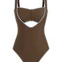 ZAFUL Bikini Sets for Women Color Block Ruched Bandeau Bikini V Neck Tummy Control Swimsuit Romper 2 Piece Bathing Suit 0-Brown S (S)