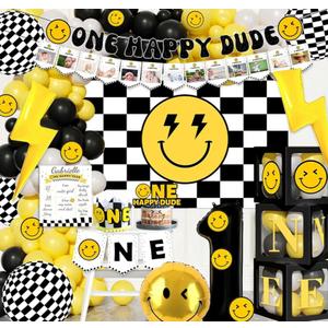 VivaVibe One Happy Dude 1st Birthday Party Decorations, First Birthday Decorations for Boy, Black Yellow Backdrop Balloons Boxes Banners Crown Poster for Lightning Baby Boy Birthday Party Supplies