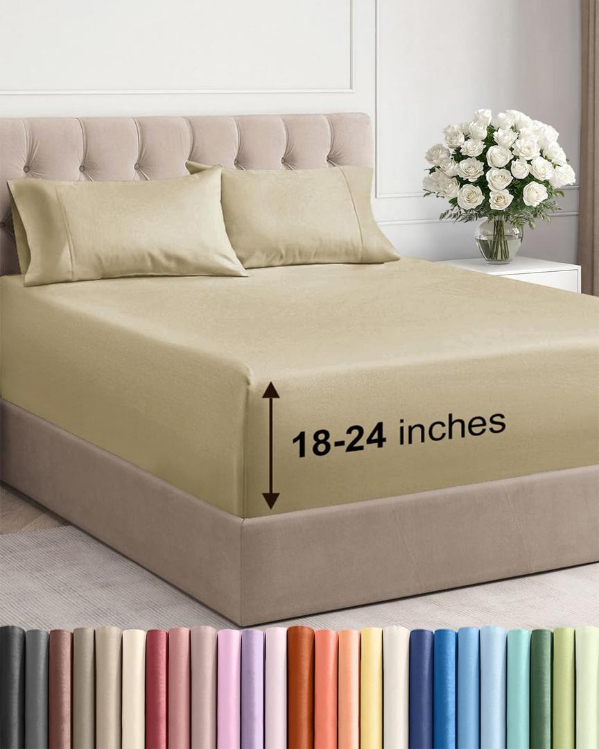 Extra Deep Queen Sheet Set - 4 Piece Breathable & Cooling Bed Sheets - Easily Fits 18 to 24 inch Mattress - Ultra Soft, Wrinkle & Fade Free w/ Extra Deep Pockets - Comfy Hotel Luxury Bedding - Beige