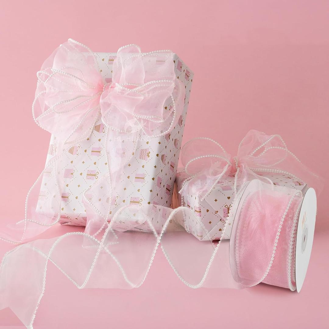 HUIHUANG Pink Sheer Wired Ribbon with Pearl Edges Pink and White Pearl Ribbon 2.5 inch for Bows, Wreaths, Gift Wrapping, Wedding Bridal Shower Decor- 10 Yards