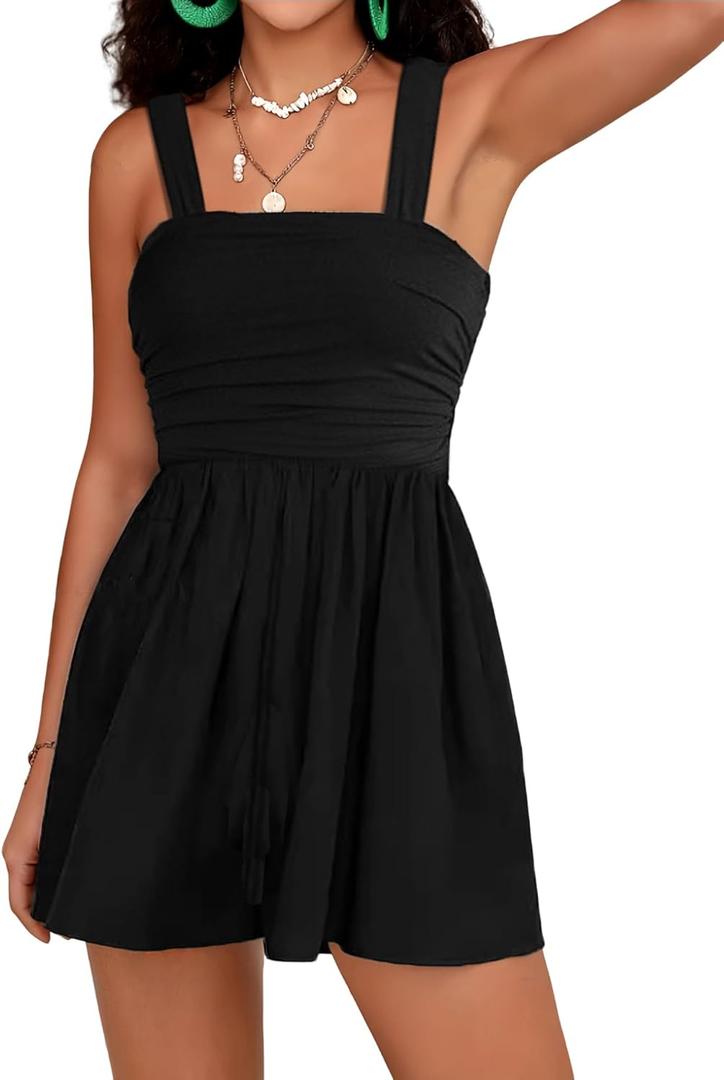 Women Casual Jumpsuits Summer Sleeveless Romper Shoulder Strap Loose Adjustable Stretchy Shorts Rompers with Pockets (Y263 Black, X-Large) (Black, XXL)