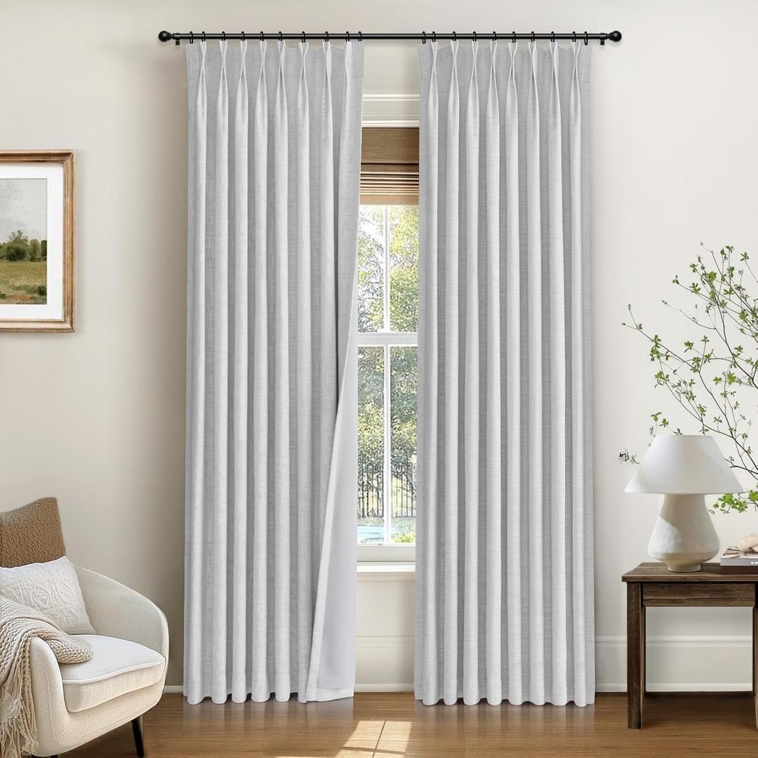 INOVADAY Pinch Pleated Curtains, 100% Light Blocking Linen Pinch Pleat Blackout Curtains for Bedroom, Thermal Insulated Blackout Drapes 2 Panels Set for Living Room - Beige White, W40 x L84
