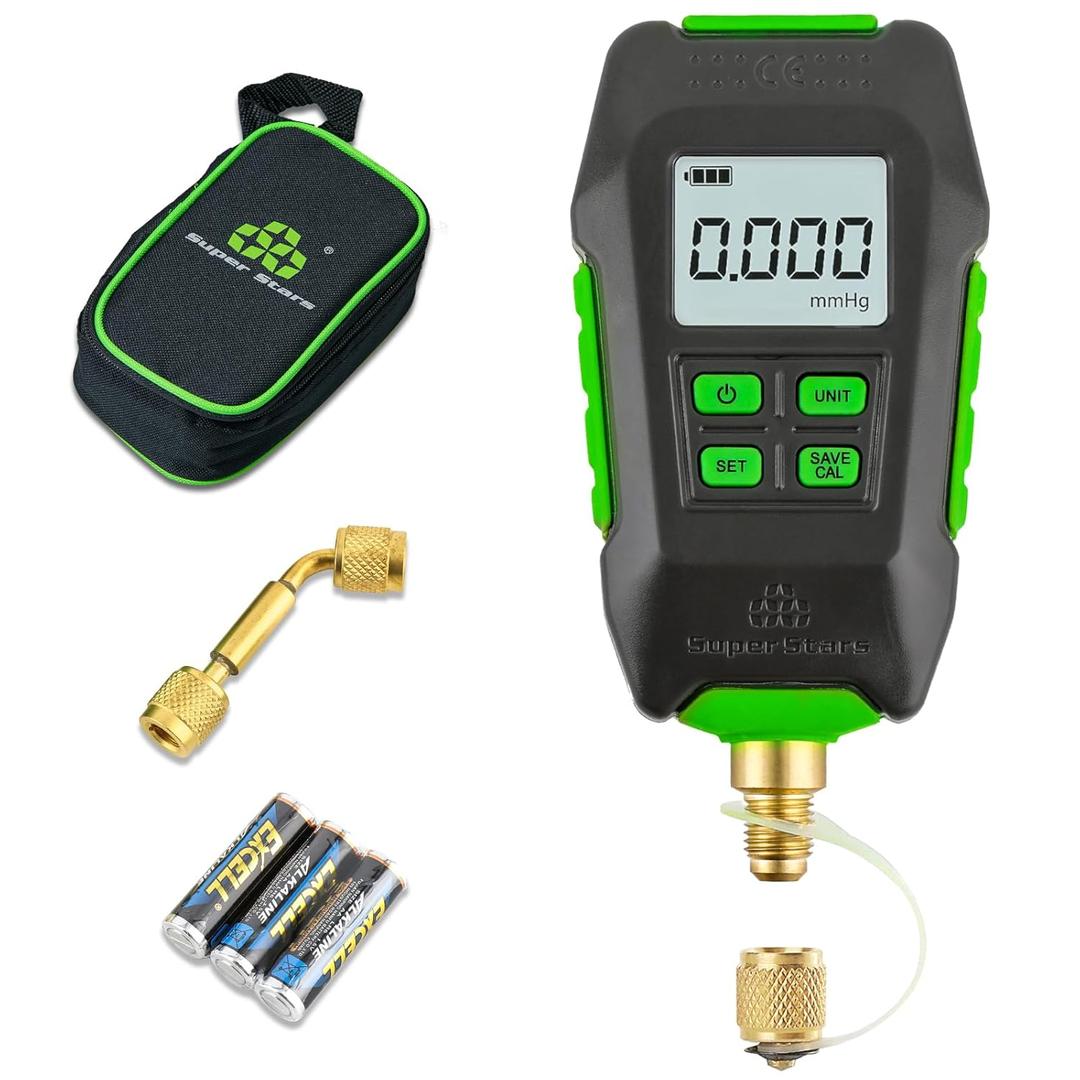 Digital Micron Vacuum Gauge 1/4" SAE, Digital Pressure Tester Meter HVAC, Alarm Notice, Temp Compensation, LCD Display, 4 Units