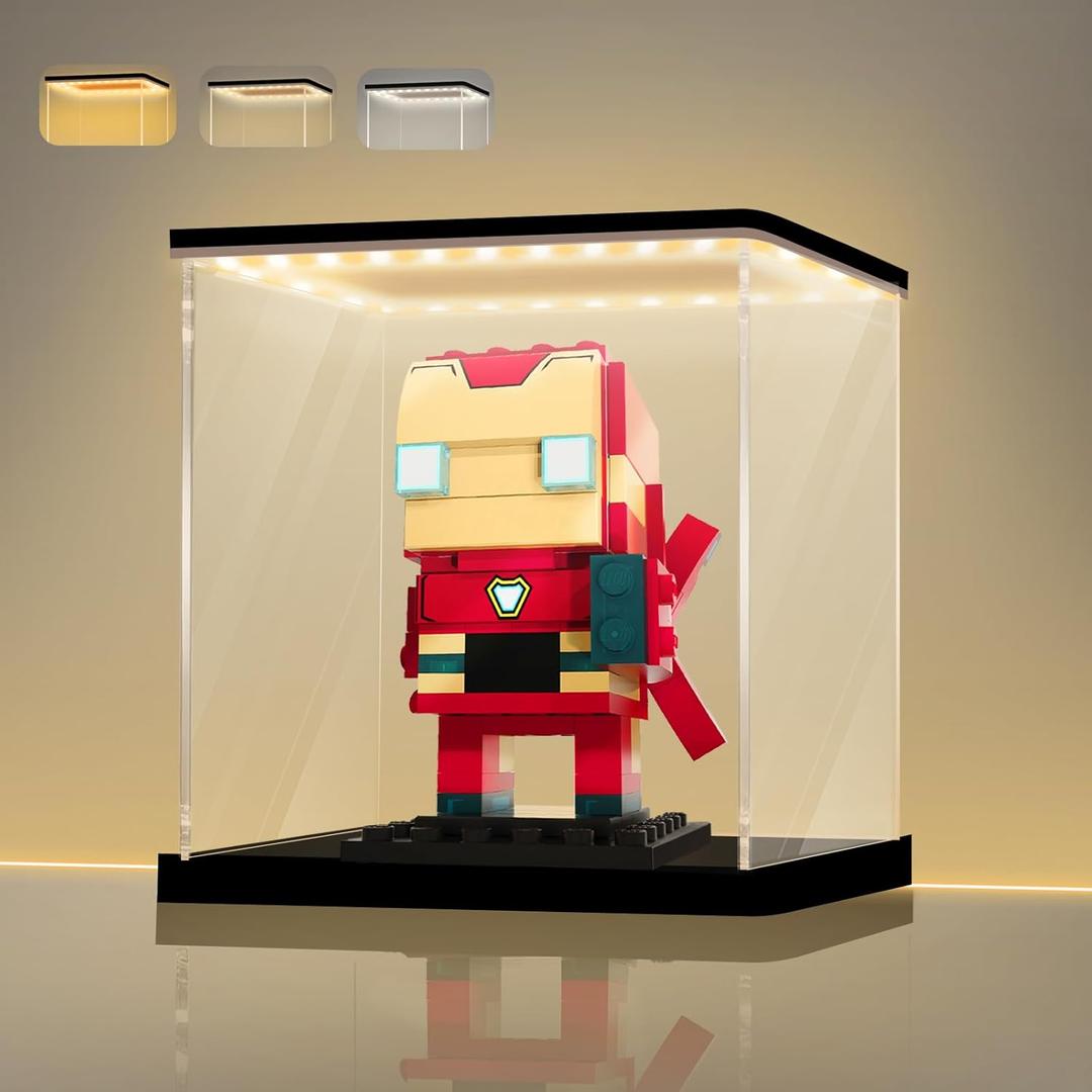 LANSCOERY Small Acrylic Display Case with Adjustable Yellow/White/Warm LED Light, UV Protection Clear Display Box, Dustproof Showcase for Action Figures, Models, Collectibles - 4x4x4inch