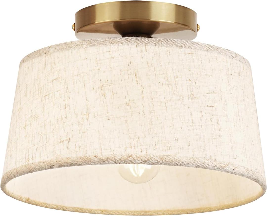 HILUXIA 2P Modern Ceiling Light Fixture, 10 Inch Semi Flush Mount Lamp with Linen Shade, E26 Base, Gold for Kitchen Bedroom Hallway Closet Entryway Room Small Spaces, 1 Pack