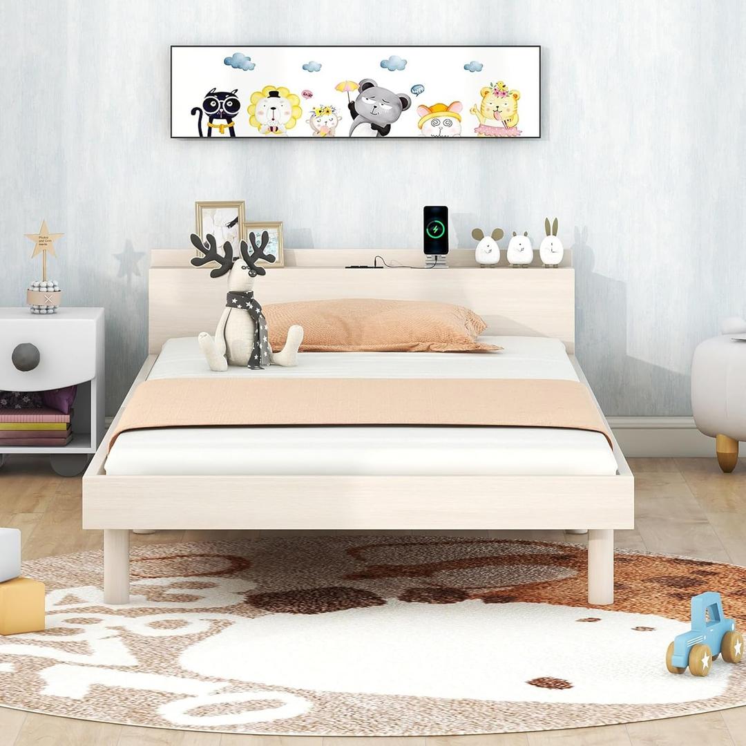 Bellemave Kids Twin Bed, Wooden Twin Platform Bed for Boys, Girls, Teens, Twin Size Bed Frames for Kids, White Twin Bed Frame, White