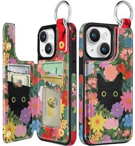 Shorogyt Compatible with iPhone 14 Wallet Case with Card Holder - Designer Floral Cat Pattern Kickstand Magnetic Clasp Back Flip Folio Leather Phone Covers